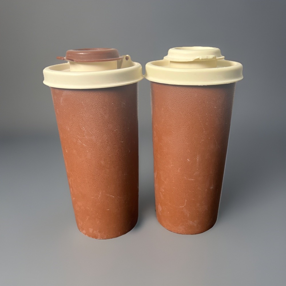Vintage Tupperware 1329 Dark Brown 5" Salt and Pepper Shakers with Flip Top Lids